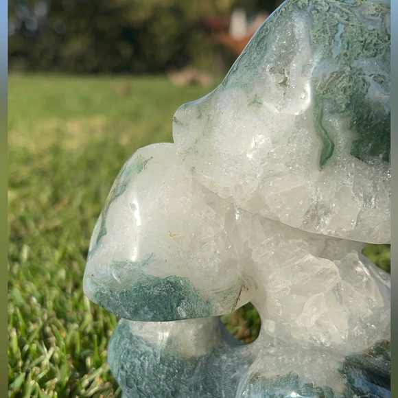 Extra Large Moss Agate Triple Mushroom with Quartz - Picture 5 of 9